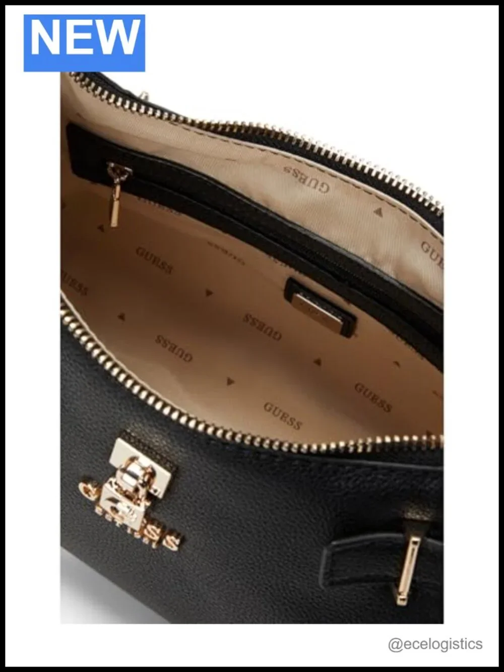 Satchel Shoulder Bag with Shiny Gold Hardware, Interior Zip Pockets